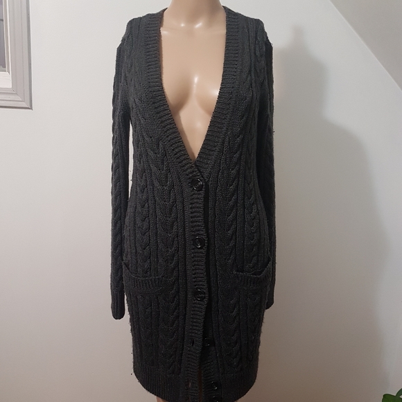 Club Monaco 100% Wool Chunky Knit Button Front Cardigan Charcoal Grey Sz XS - Picture 1 of 13